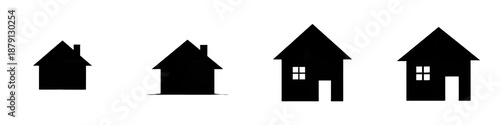 Set of Black House Silhouettes Different Home Shapes Isolated on White Transparent PNG Background