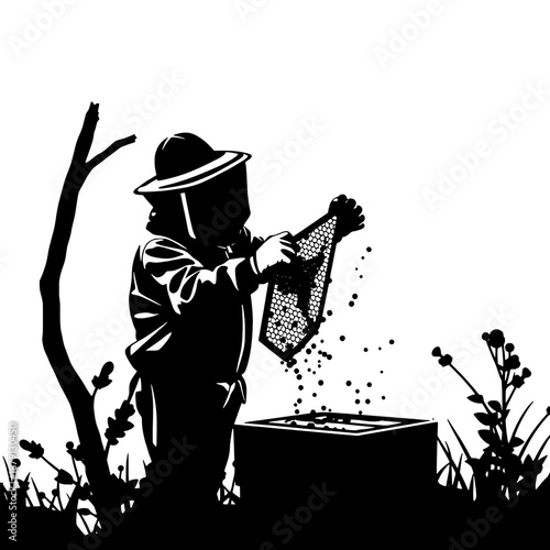 Silhouette of Beekeeper Removing Honeycomb