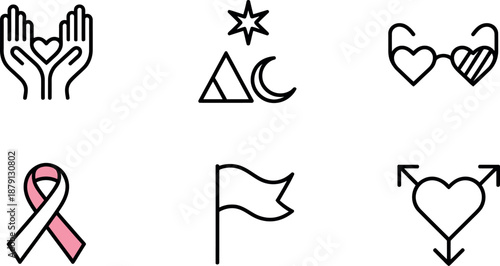 Collection of diverse simple line art icons representing concepts like care spirituality style health awareness and identity against a clean white background