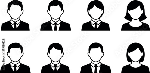 Collection of diverse simple silhouette avatars representing men and women in professional attire isolated on a white background