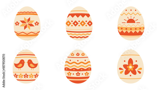 Set of Easter decorative eggs with folk patterns, birds, flowers, waves, geometric ornaments. Flat vector illustration for religious spring holiday.
