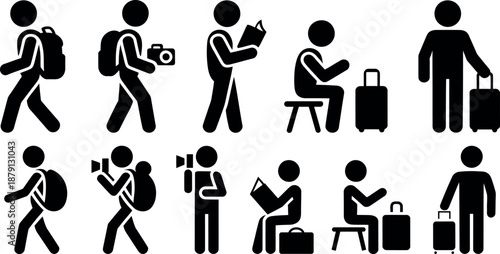 Collection of simple black pictogram icons depicting people engaged in travel activities like walking with backpacks photography reading and handling luggage