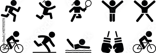 Collection of simple black vector icons representing diverse sports and physical activities including running cycling swimming boxing and tennis players in motion