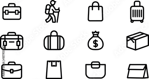 Collection of simple outline travel and business luggage icons including briefcases duffel bags shopping bags and a suitcase isolated on transparent background