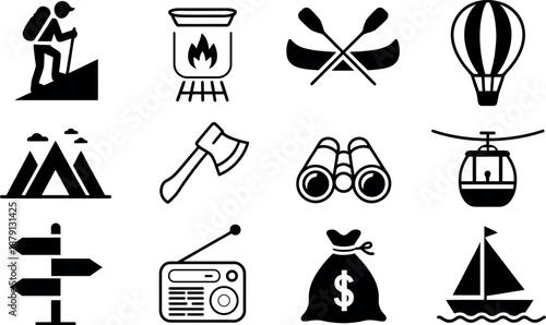 Collection of twelve outdoor adventure and travel icons including a hiker mountains canoe hot air balloon axe binoculars and sailboat