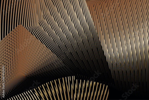 golden black modern metallic background, texture, composition, original vector decoration, abstract gold black pattern of lines with sense of depth and volume, complex organized structure