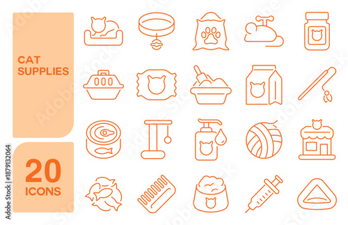 Set of 20 icons related to cat supplies, Vector illustration
