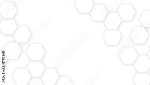 白背景に六角形が連結するミニマルなテクノロジーフレーム背景（16:9）