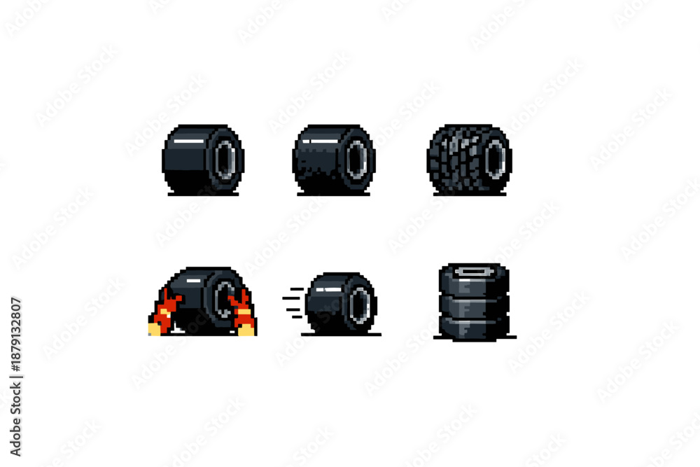 Fototapeta premium Pixel art Formula 1 tire set with various states and actions