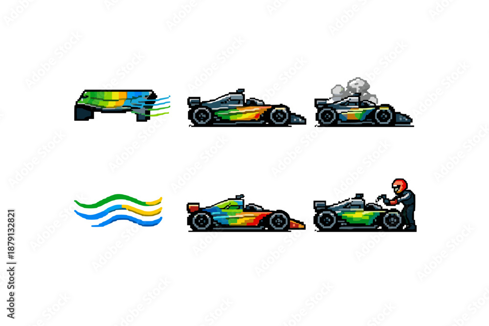 Fototapeta premium Pixel art Formula 1 car flow visualization icons and elements