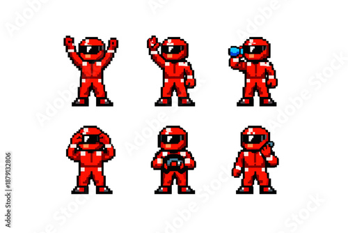 Pixel art F1 driver in six different action poses