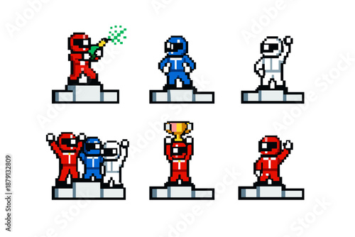 Pixel art racing podium celebration sprite sheet