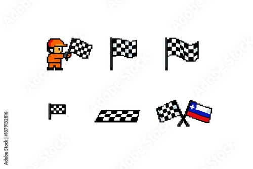 Pixel art checkered flag assets and racing marshal