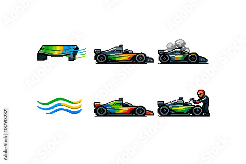 Pixel art Formula 1 car flow visualization icons and elements
