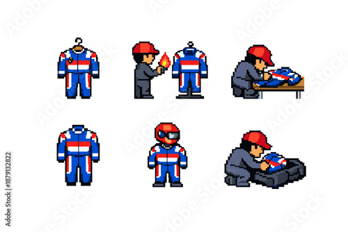 Pixel art racing suit preparation and packing sequence