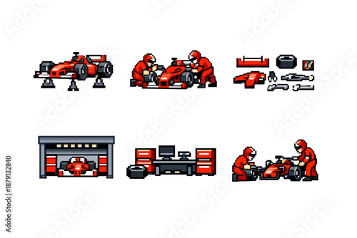 Pixel art Formula 1 garage scene with car and crew