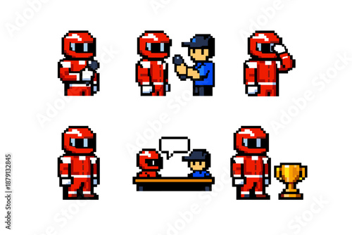 Pixel art racing driver interview and trophy icons