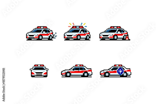 Pixel art medical car sprite sheet with six distinct poses