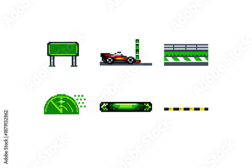 Pixel art race track elements in 8-bit video game style