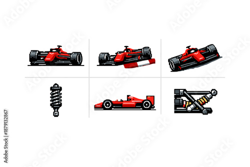 Pixel art Formula 1 car suspension and components in action