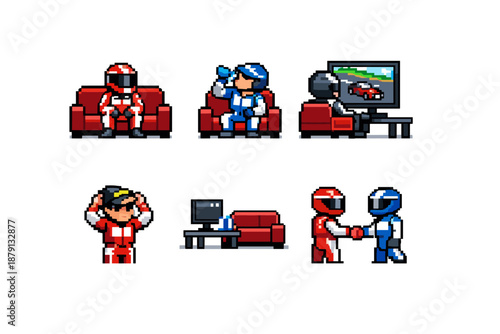 Pixel art racers relaxing and interacting in a grid layout