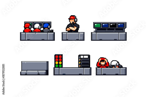 Pixel art racing pit wall assets with crew and screens
