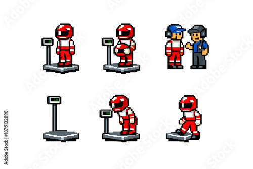 Pixel art race driver weighing in with staff, six poses