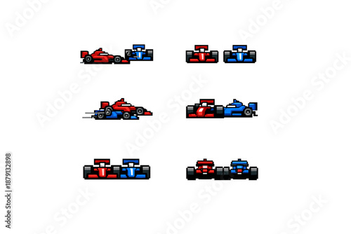 Pixel art Formula 1 cars in racing action poses