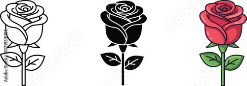 Three roses in different colors, line art and filled, isolated on white background