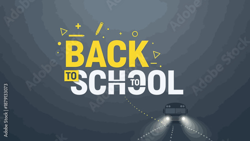 Back to school tunnel drive concept with bus and educational symbols