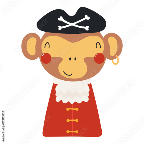 Cute little monkey pirate isolated on transparent. Kawaii cartoon character. Hand drawn flat vector illustration. Kids nautical design element, clip art, fashion print, poster, wall art