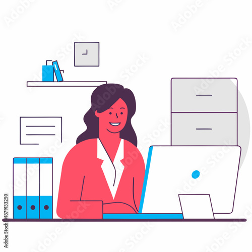 Smiling businesswoman working on laptop in modern office setting