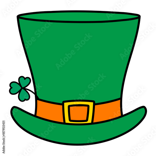 Green top hat, leprechaun hat, clover leaf isolated on transparent background. Hand drawn vector illustration. Saint Patrick Day celebration, traditional Irish holiday design element, clip art, symbol