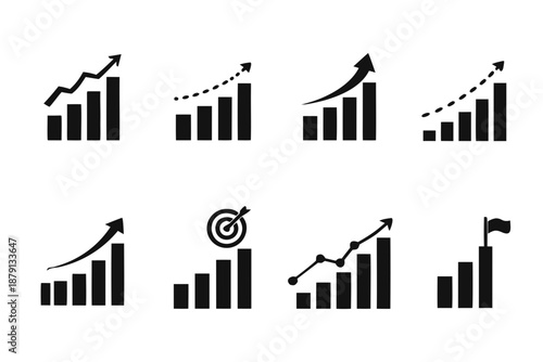 Black business growth chart icon set with bar graphs, dotted trend arrows, KPI target and flag. Ideal for analytics dashboards, finance reports, pitch decks, quarterly reviews, and app UI.