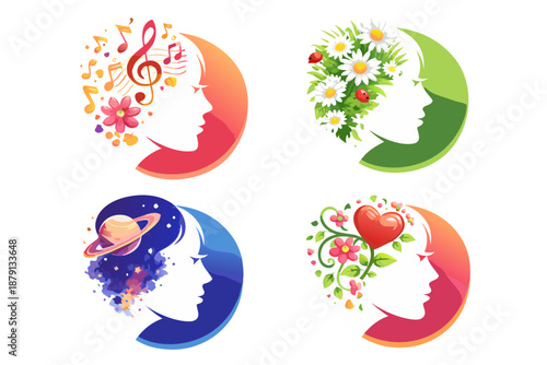 Set of four colorful female profile silhouettes with music notes, spring flowers with ladybugs, cosmic galaxy with Saturn, and floral heart. Concepts of creativity, nature, space, love.