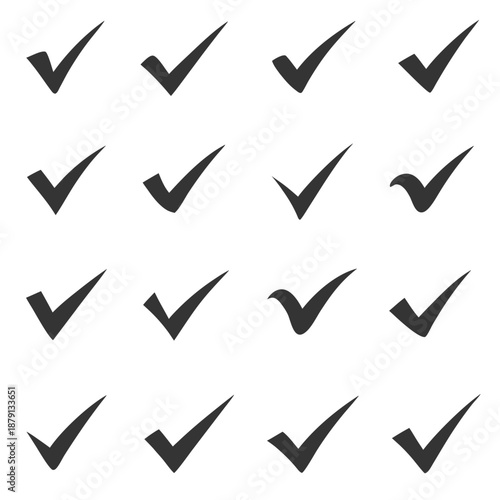 Collection of black check marks in many styles, isolated on white. Minimal tick icons for approval, verification, to-do lists, UI buttons, forms, quality control, apps and checklists.