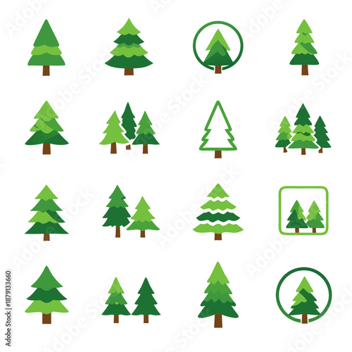 Set of green pine and fir tree icons in flat style, single trees and small forest groups. Perfect for nature branding, eco projects, Christmas graphics, outdoor maps, stickers and patterns.