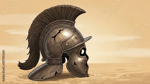 Ancient Greek Warrior Helmet on Sand.