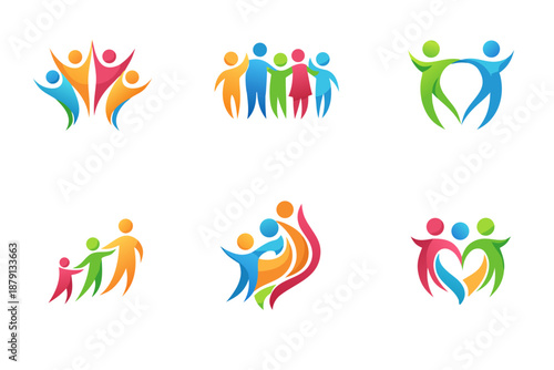 Colorful abstract people icons showing teamwork, community, family and support with heart shapes and group hugs. Great for social projects, charity logos, wellness, inclusion and unity.
