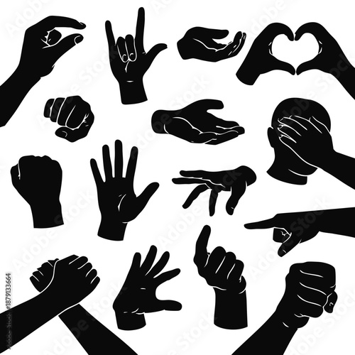 Black hand gesture silhouettes: pointing, fist, clapping, pinch, stop palm, love heart hands, rock sign and facepalm. Useful for communication icons, UI buttons, posters and infographics.