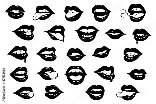 Black lips and mouth silhouettes set with teeth, tongues, kisses, bubble gum, smoke and drips. Bold pop art expressions for beauty, fashion, posters, stickers, tattoos and branding.
