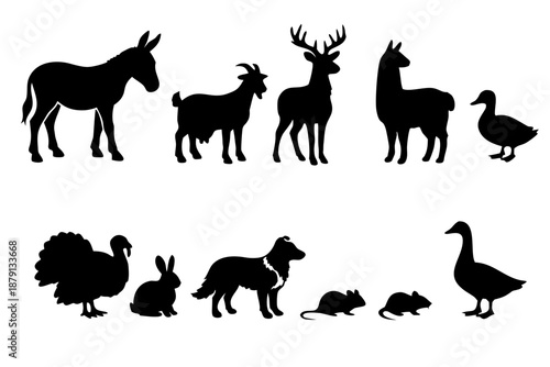 Black silhouette set of farm and wildlife animals including donkey, goat, stag deer, llama, duck, turkey, rabbit, dog, mice and goose. Great for rural labels, logos, icons and prints.
