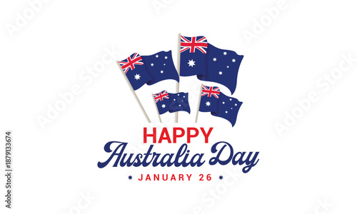 Happy Australia Day Vector Illustration Celebrating 26 January, Featuring a Map and a Waving Australian Flag for a National Holiday
