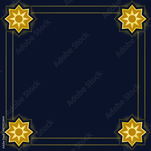 Luxury golden islamic frame with rub el hizb star ornaments on navy blue background.