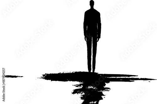 Silhouette of lone figure standing on inkblot background