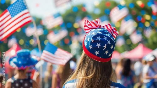 Woman wearing patriotic hat at independence day parade celebration
