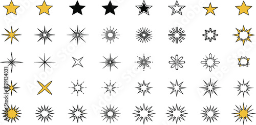 A versatile collection of vector star, sparkle, and sunburst icons, offering luminous graphic elements for adding radiant decorative accents to various design projects