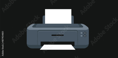 A dark background showcasing a grey printer with paper being ejected from the front and fed from the top, symbolizing document output and office equipment