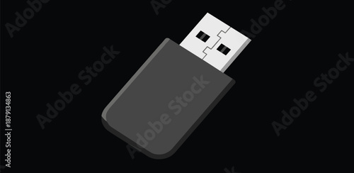 Illustration of a USB flash drive, a compact portable digital data storage device. Essential for computer memory and file transfer technology, depicted on a dark background