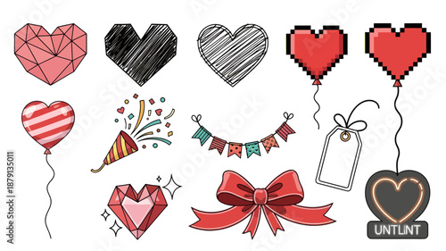 Heart Shapes Decoration Set - Colorful Valentine Party and Pattern Icons